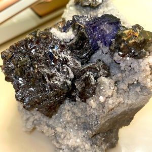 Raw fluorite cluster with zinc and calcite.